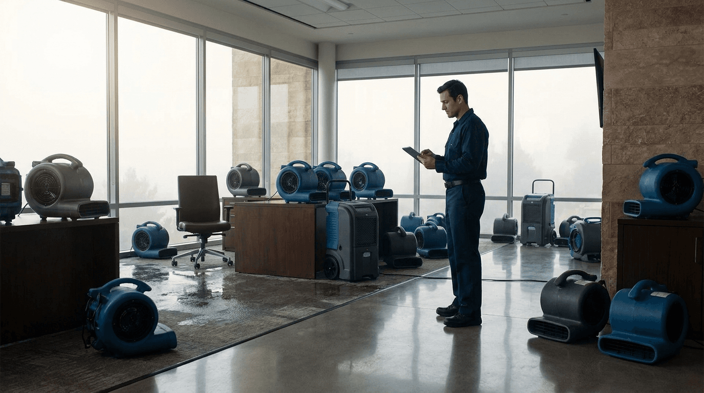 Commercial drying equipment running in a large open-plan office
